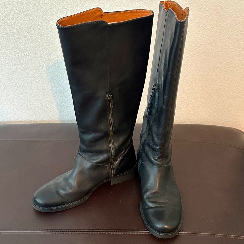 J. Crew Templeton Tall Leather Flat Boots - Black - Size 9